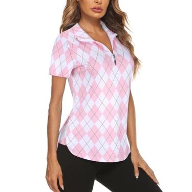 Imagem de Koscacy Camisetas femininas de golfe de manga curta com zíper 1/4, solta, umidade, ioga, corrida, ginástica, geometria, branca, pequena, Xadrez rosa - B, GG
