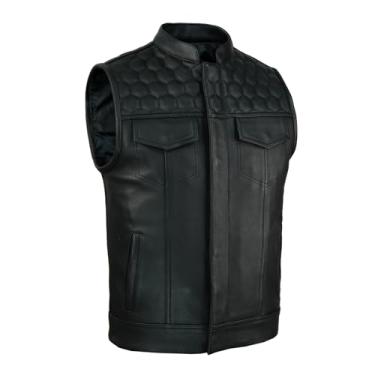 Imagem de Leatherick Colete masculino de couro para motociclista SOA Style – Colete de motociclista de couro genuíno preto com 8 bolsos e fecho duplo