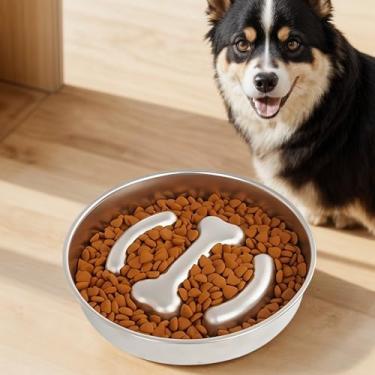 Imagem de Tigela de ração para cães de aço inoxidável para cães médios e grandes, tigela grande de ração para cães, tigela divertida Stop Bloat, retarda a alimentação, saudável, com marca de osso antiderrapante