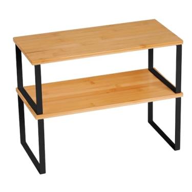 Imagem de Prateleira organizadora de armário de cozinha, conjunto de 2 prateleiras empilháveis, prateleira de elevação de armário de madeira pequena para armário de despensa, caneca de prato de especiarias