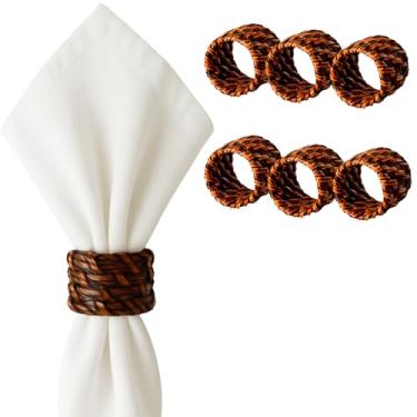 Imagem de Kit 6 Aneis Porta Guardanapos Argola Rattan Bambu Rústico (ESCURO, MÉDIO)