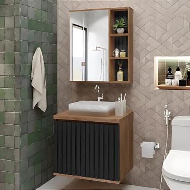 Imagem de Conjunto Gabinete de Banheiro 60cm Ripado C/Cuba Espelheira (Avelato/Preto)