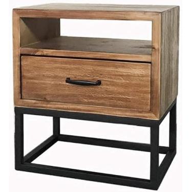 Imagem de Mesa de cabeceira Loft estilo industrial retrô americano armário de cabeceira de madeira de ferro forjado mini mesa lateral para telefone simples mesa de canto