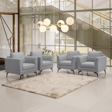 Imagem de Kit 4 Poltronas Poemme Linha Alta Moderna Pés De Ferro Resistênte Para Recepção Luxo - Linho Cinza