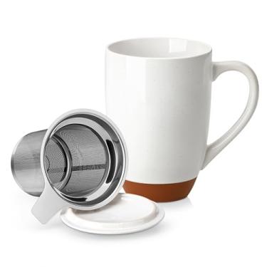 Imagem de MALACASA Caneca de chá de cerâmica com tampa e infusor de aço inoxidável, xícara de chá grande de 510 g para chá de folhas soltas, resistente ao calor, segura para micro-ondas e lava-louças, caneca de