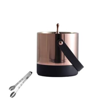 Imagem de Balde de gelo de aço inoxidável bicamada preservação do calor isolamento frio bonito KTV champanhe vinho tinto cerveja gelo bloco de gelo balde comercial (ouro rosa, alça de couro)