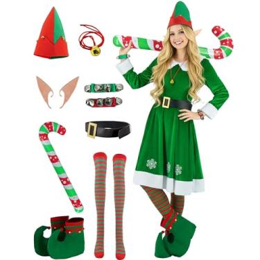 Imagem de Saephaw Pacote com 9 meias femininas de Natal de elfo cosplay vestido de veludo chapéu de elfo orelhas sapatos cinto colar pulseira bengala doce, Verde, XXG
