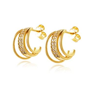 Imagem de Brinco Ouro 18k Tipo Meia Argola Fios Espelhado Com Zircônia