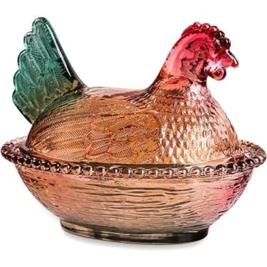 Imagem de MZU Prato de vidro vintage de galinha no ninho com tampa - Tigela de vidro grande com pedestal, pote de doces de cristal colorido para lanches, sobremesa, biscoitos | Decoração de mesa de cozinha e