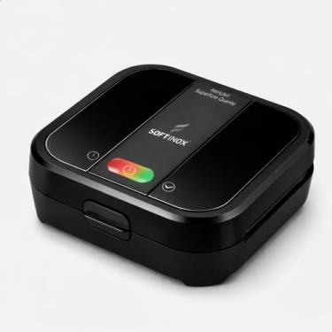 Imagem de Sanduicheira Grill Elétrica Portátil Multiuso 2 em 1 Preta 220V SOFTINOX Aquecimento Super Rápido — Grill e Sanduicheira Elétrico, Luzes Indicadoras, Alça com trava, Acompanha Pincel de Silicone