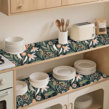 Imagem de Floralplus Forro de prateleira e gaveta forro de prateleira autoadesivo para armário de cozinha, papel de contato floral impermeável, antiderrapante, despensa, forros de cômoda 45 x 199 cm