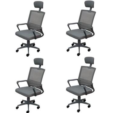 Imagem de Kit 4 Cadeiras para Escritório Presidente Lyon Alta em Tela Mesh Cinza