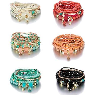 Imagem de COLORFUL BLING 6 conjuntos de pulseiras de contas empilháveis boêmias, multicamadas, conjuntos de joias multicoloridas, pingente boêmio, berloques, pulseiras feitas à mão, com borla, para mulheres e