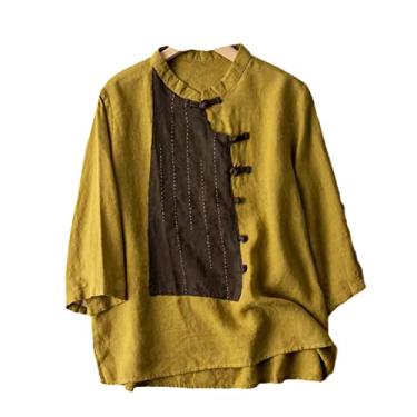 Imagem de Camisetas femininas de algodão linho casual verão primavera literária retrô tradições chinesas Tyle Hanfu camisetas femininas patchwork, H-802, G
