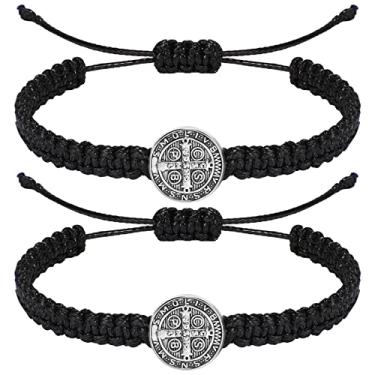 Imagem de 2 pulseiras católicas presentes de medalha de São Bento pulseiras de cordão ajustáveis presentes religiosos para homens mulheres aniversário feriado, as pictures shown, Prata Alumínio, Sem Pedra