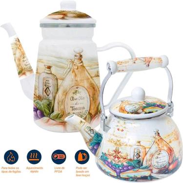 Imagem de Kit Chaleira 2,5L Bule 1,2L Italy Esmaltados Indução Vintage