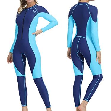 Imagem de OMGear Maiô feminino, manga comprida, pele de mergulho, body completo, elastano, proteção UV, rashguard, roupa de mergulho fina para natação, caiaque, surfe, snorkeling, mergulho, rafting (aqua e azul