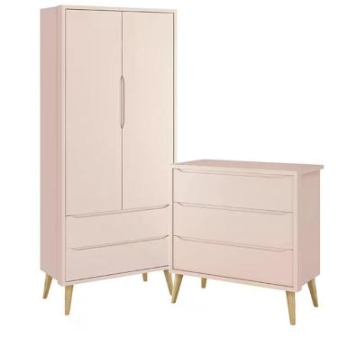 Imagem de Jogo de Quarto Infantil Theo Guarda Roupa 2 Portas e Cômoda 3 Gavetas com Pés Madeira Natural - Reller Móveis Rosa Fosco