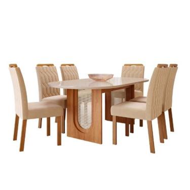 Imagem de Sala de Jantar Com Mesa Oval 2,10m Valentina e 6 Cadeiras Paola Cinamomo/Off White/Madeira/Nude Cimol Móveis 