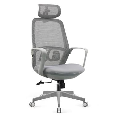 Imagem de Cadeira de Escritório Ergonômica Com Cabeça e Encosto de Cintura, Encosto Alto de Malha e 10cm Almofada Espessa Com Inclinação de 90° e Base Giratória e Altura Ajustável (Cinzento)