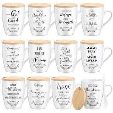 Imagem de Patelai Conjunto de 12 canecas cristãs presentes de igreja a granel 350 ml inspirador versículo bíblico caneca de café cerâmica com tampa alça colher copos de escritura religiosa para escola dominical