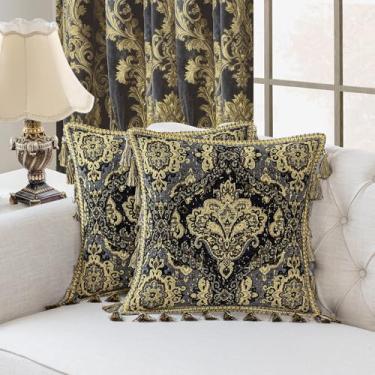 Imagem de Loom and Mill 1 capa de almofada luxuosa de 50 x 50 cm, capa de almofada decorativa estilo vintage com borlas, fronhas jacquard para sala de estar quarto sofá cadeira de sofá (cinza preto + amarelo