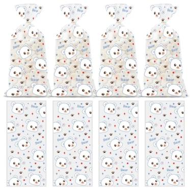 Imagem de 50 sacos fofos de ursinho de celofane para presente selável a quente com 50 peças de laços torcidos para festa de aniversário