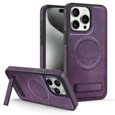 Imagem de Capa de telefone com suporte invisível de luxo para iPhone 11 12 13 14 15 Pro Max Textura Suporte de couro para capa de pára-choque Magsafe, T3, para iPhone 14 ProMax