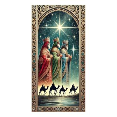 Imagem de BlissYard Capa de porta de Natal, decoração de três homens sábios, 89 x 189 cm para portas de presépio de porta da frente, faixa de decoração de boas-vindas, placa de decoração de vitrais para