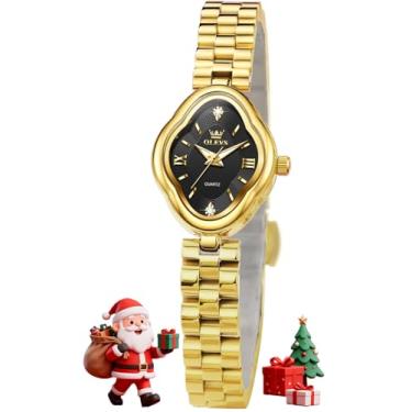 Imagem de OLEVS Relógio feminino elegante dourado luxuoso de aço inoxidável à prova d'água luminoso, L5666: pulseira dourada e mostrador preto, Presente de festa clássico casual de luxo