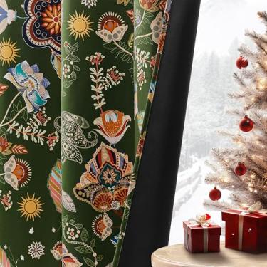 Imagem de XiDi Cortinas florais vintage verdes 100% blackout padronizadas, 203 cm de comprimento, 2 painéis para quarto, isolamento térmico, luxuoso, botânico, folha, estampada, ilhós, drapeados, verde musgo