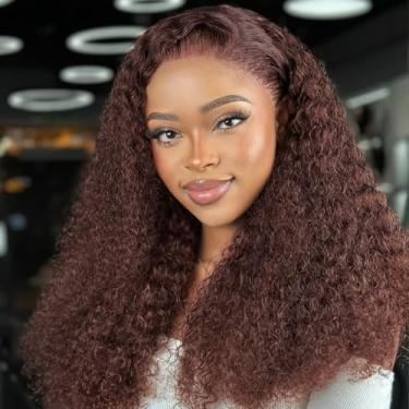 Imagem de Peruca Hihmarm de cabelo humano castanho chocolate com ondas profundas, 13x6 HD, renda frontal, pré-depilada, curta, cacheada, para mulheres negras, sem cola, frontal, 18 polegadas