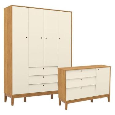 Imagem de Cômoda Sapateira e Guarda Roupa Unique 4 Portas Freijó Off White Eco W