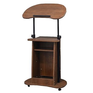 Imagem de Suporte de pódio ajustável em altura portátil, mesa de recepção de pódio para laptop móvel mesa de pé para sentar em pé com topo giratório, mesa de palestre rolante para conferências, auditório, sala