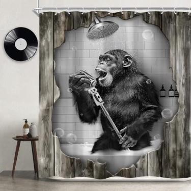 Imagem de Newsely Cortina de chuveiro engraçada macaco 182 cm L x 182 cm C preto branco animal chimpanzé cantando na banheira moderno conjunto de banheiro de madeira legal masculino crianças meninos acessórios