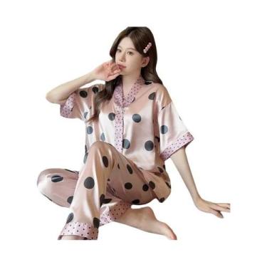 Imagem de Conjunto De Pijama Feminino De Verão Em Seda Gelada, Manga Curta, Caim