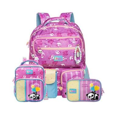 Imagem de Kit Mochila Costas Panda Coração Escola Lancheira Estojo Box Cor:Rosa 