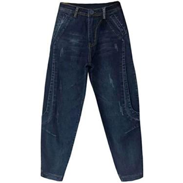 Imagem de Calça jeans boyfriend jeans cintura alta harem calça feminina casual plus size solto, Azul, X-Large