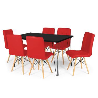 Imagem de Conjunto Mesa de Jantar Hairpin 130x80 Preta com 6 Cadeiras Eiffel Gomos - Vermelho