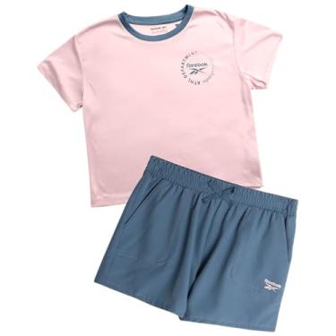 Imagem de Reebok Conjunto de shorts para meninas – Camiseta de manga curta com shorts de ginástica de tecido macio – Conjunto casual Athleisure para meninas (7-12), Azul ardósia, 10