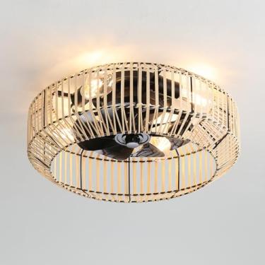 Imagem de Ventiladores de teto de 19,7" com luzes e controle remoto, luz de ventilador de teto de casa de fazenda com tecelagem de corda de papel, montagem embutida Ventiladores de teto reversíveis de