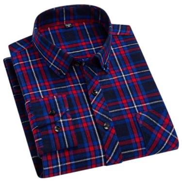 Imagem de Camisa xadrez masculina de manga comprida com bolso único e ajuste padrão de flanela, 7708, PP