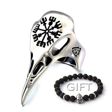 Imagem de Anel de caveira Enxico Ravens com Aegishjalmur The Helm of Awe símbolo 316L aço inoxidável nórdico escandinavo viking joia