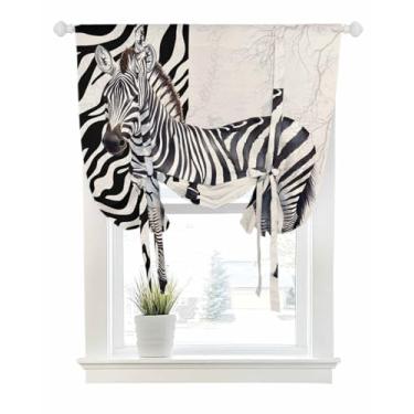 Imagem de Cortinas de amarrar para janelas vintage padrão zebra costura bolso haste amarração persiana balão ajustável saia desenho animado ramos animais para quarto, cozinha, banheiro, persianas, 86 x 114 cm