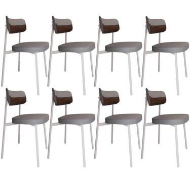 Imagem de Kit 08 Cadeiras Estofada Para Sala De Jantar Astrid Branco C01 Linho Cinza Courino Whisky - Lyam Decor