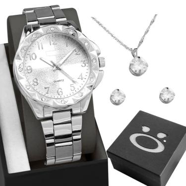 Imagem de Brincos Strass Colar + Caixa + Relogio Prata Feminino Aço Inoxidável Social Casual Original Ponteiro