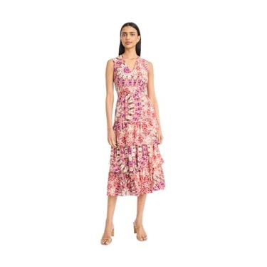 Imagem de The Good Journey Vestido midi feminino sem mangas com gola V em camadas - saia com babados multicamadas com corpete justo, Creme/pêssego, 36