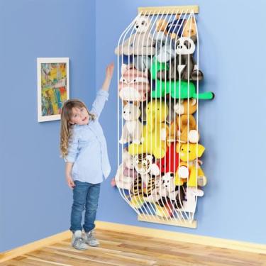 Imagem de VOMELON Rede de armazenamento de animais de pelúcia, organizador de brinquedos de pelúcia de madeira para decoração de quarto de crianças, suporte de armazenamento de brinquedos de pelúcia, decoração