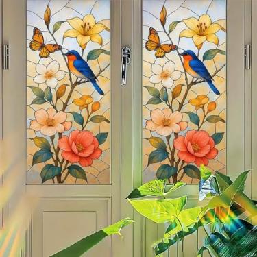 Imagem de Starlit Patio Pássaro flor borboleta película de privacidade estilo vitral aderência estática sem cola painel decorativo capa de filtro de luz para porta de cozinha varanda 45 x 99,8 cm