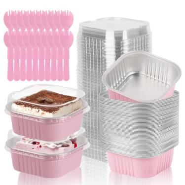 Imagem de CXIIPOL Pacote com 20 mini formas de bolo de 283 g com tampas, copos quadrados de folha de alumínio de 11 x 11 cm com colheres, recipientes grandes descartáveis para bolos com tampas para festa